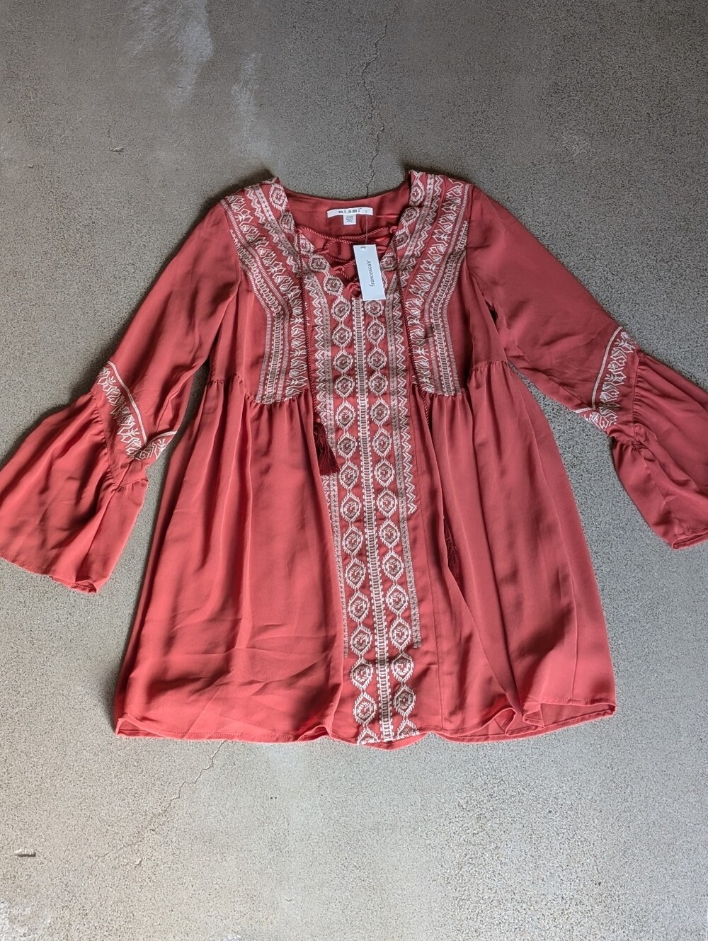 New With Tag! miami Coral-Rust Embroidered Long Sleeve Boho Dress